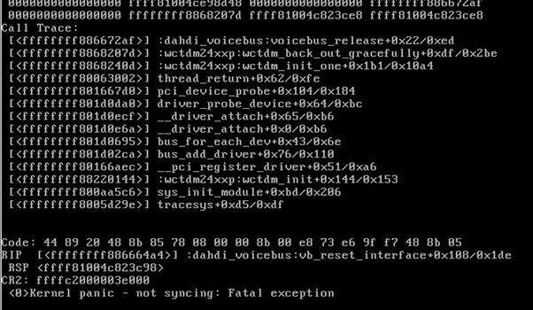 TDM410 card is successfully loaded in ESXi PCI passthrough and added in VM. but after installing Elastix, the TDM card is having following error and cannot boot successfully.